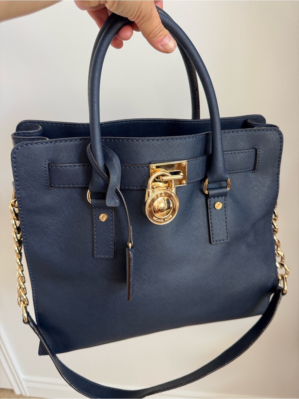 Michael Kors Hamilton Saffiano Navy Blue Leather Satchel Shoulder Tote Bag